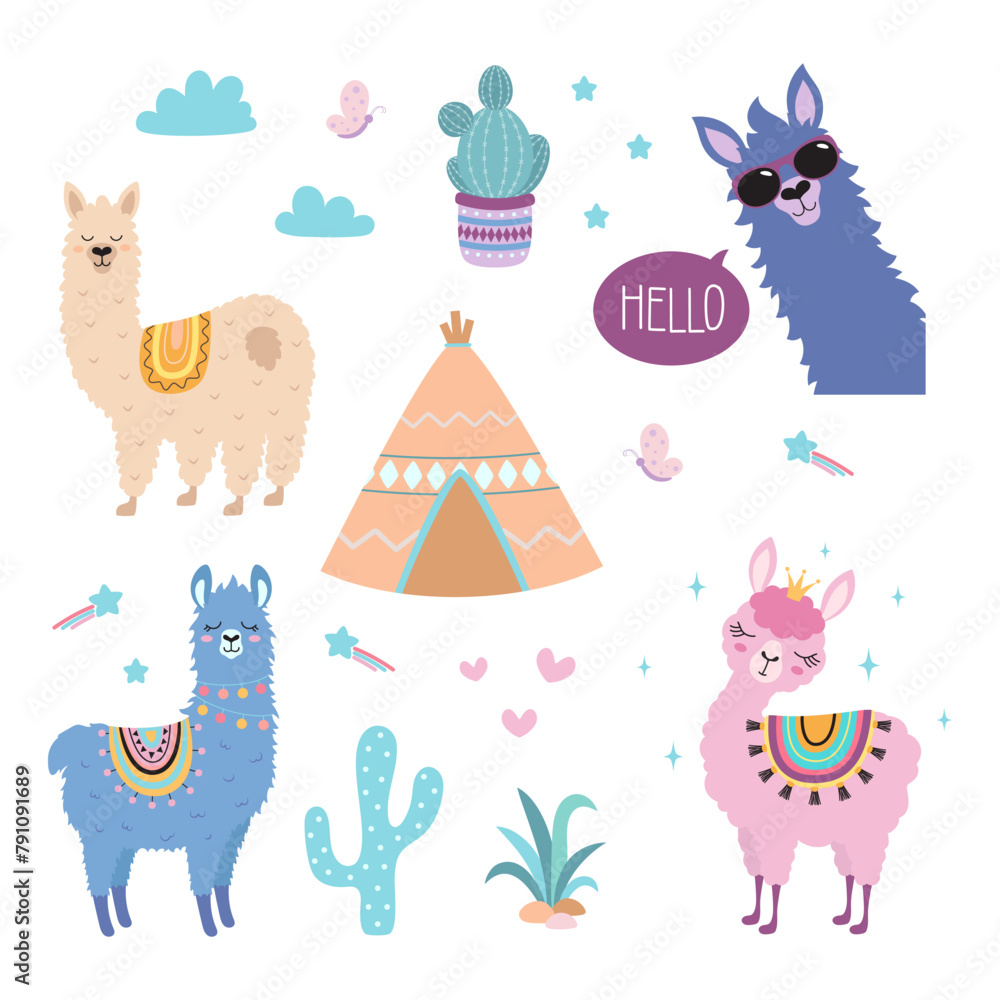 Naklejka premium cute cartoon llama set