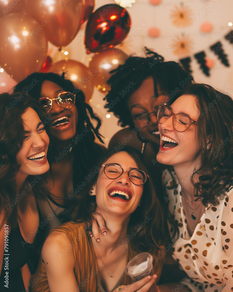 Group of friends celebrating Galentine's Day with laughter and joy