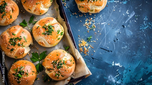 Traditional ukrainian homemade garlic buns pampushki for borscht soup with oil and coriander on old oven tray with baking paper over dark blue texture background. Close up