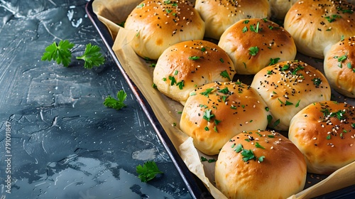 Traditional ukrainian homemade garlic buns pampushki for borscht soup with oil and coriander on old oven tray with baking paper over dark blue texture background. Close up photo