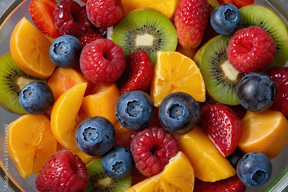Obraz premium colorful_fruit_salad_mix_in_a_glass_bowl