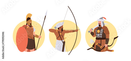 Brave ancient Greek, Indian and Mongol warrior cartoon characters round composition isolated set