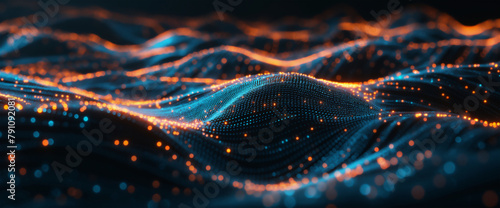 Digital background with glowing blue and orange dots on a dark wave, in a technology futuristic concept. abstract data flow