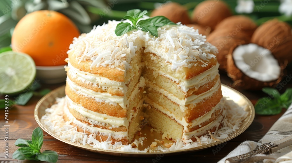 A tight shot of a cake sliced on a plate, oranges situated behind A tight shot of a cake sliced on a plate, oranges situated behind