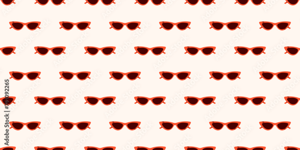 Minimalist background of stylish red sunglasses on white. Colorful seamless summer pattern. Elements for tropical holiday vacation. Summer concert. Pattern for textile, print templates, and web. Minimalist background of stylish red sunglasses on white. Colorful seamless summer pattern. Elements for tropical holiday vacation. Summer concert. Pattern for textile, print templates, and web.