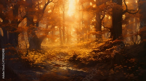 Autumn forest with fog and sunlight. Panoramic image.
