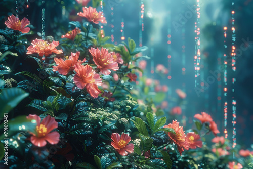 a digital jungle composition, merging natural elements with digital technology and code. It should convey the blending of living organisms with virtual reality