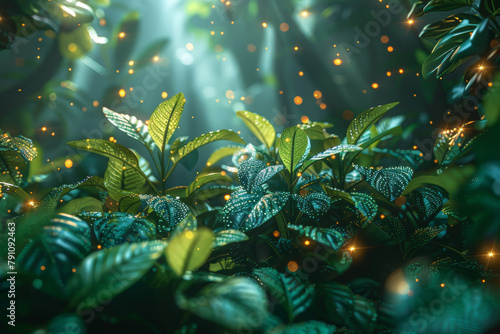 a digital jungle composition, merging natural elements with digital technology and code. It should convey the blending of living organisms with virtual reality
