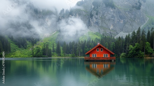  A red house atop a lake, beside a lush green forest-covered mountain shrouded in clouds and fog