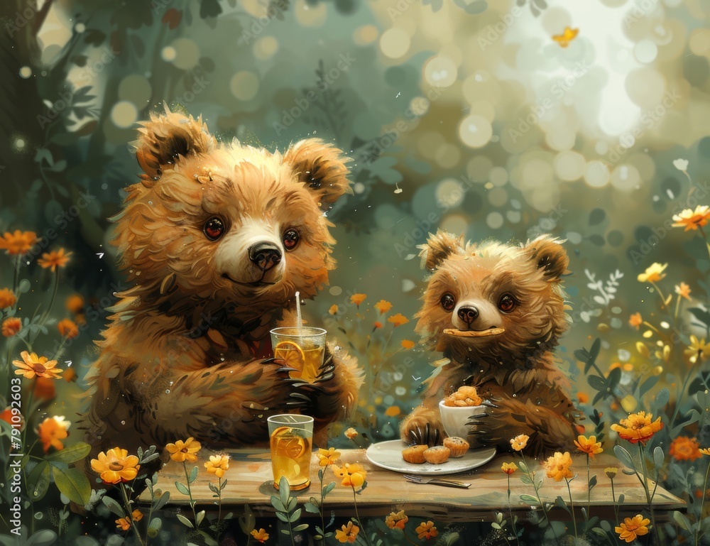 illustration of two bears with flowers and tea illustration of two bears with flowers and tea