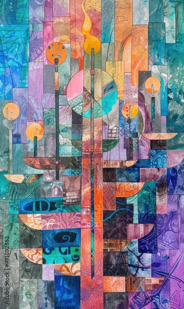 Obraz premium This is a colorful abstract stained glass artwork with various geometric and symbolic elements