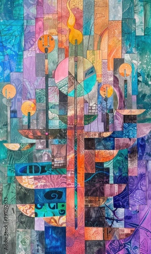 This is a colorful abstract stained glass artwork with various geometric and symbolic elements