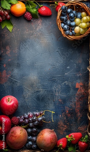 Mixed fresh fruits in a basket with a dark, rustic setting.
