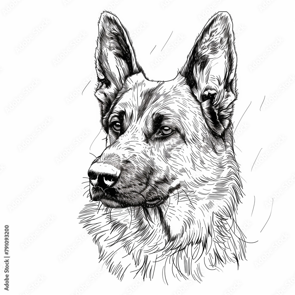 beautiful portrait of a german shepherd, isolated on a white background, simple line drawing. Beautiful portrait of an adult German shepherd. Hand drawing of a dog. beautiful portrait of a german shepherd, isolated on a white background, simple line drawing. Beautiful portrait of an adult German shepherd. Hand drawing of a dog.
