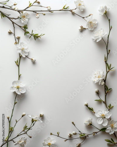 Splendidi fiori di ciliegio bianchi incorniciano un biglietto vuoto su uno sfondo bianco immacolato, perfetto per creazioni ispirate alla primavera. photo