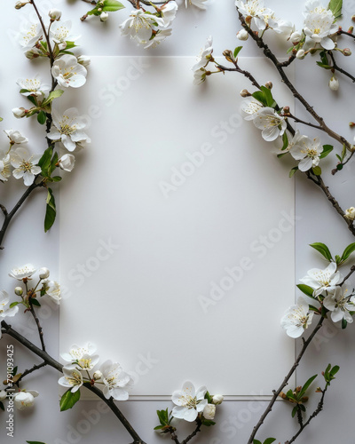 Splendidi fiori di ciliegio bianchi incorniciano un biglietto vuoto su uno sfondo bianco immacolato, perfetto per creazioni ispirate alla primavera. © garpinina