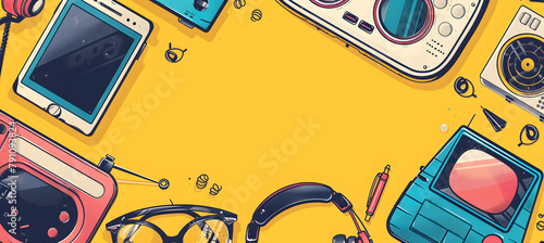 Retro electronics like headphones and floppy disks on a vibrant yellow background photo