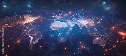 Map of the world, brightly lit with countless lights. INNOVATION Blockchain