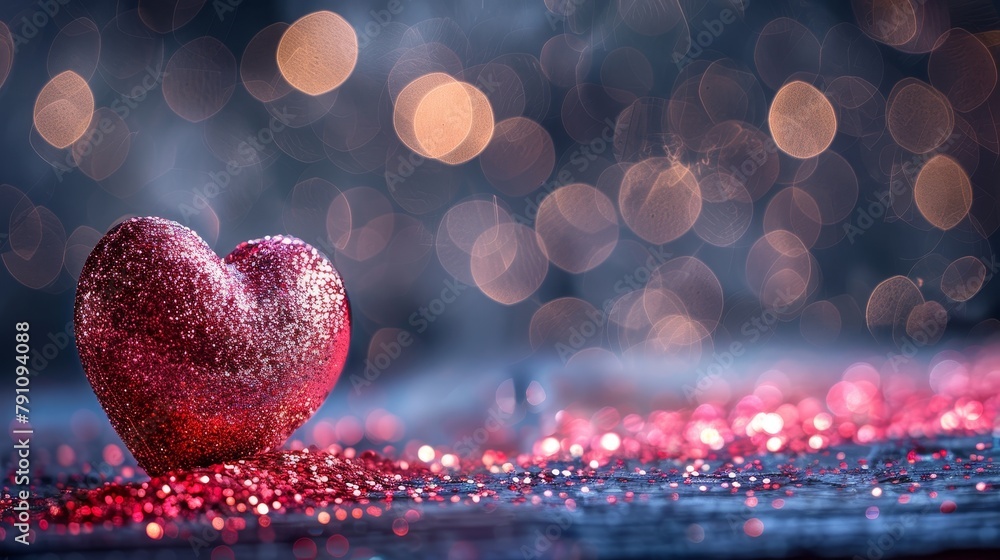 Pink glitter heart with a magical bokeh light effect on a textured ...
