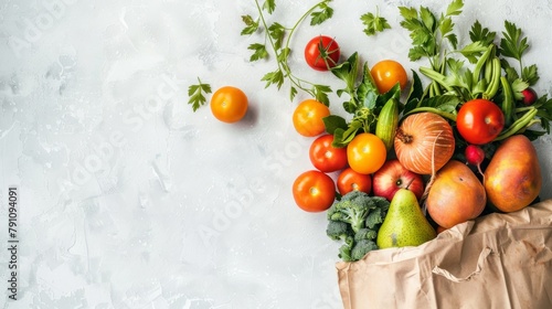 Fresh fruits and veggies in a brown paper bag from the market. Healthy food choices right from the farm.