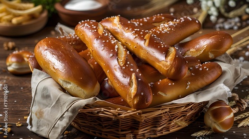 Pretzel sticks and pretzel rolls, Bavarian lye bun with salt in a basket