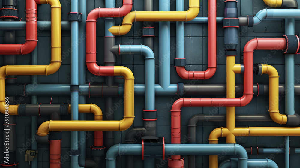 A colorful pipe system with yellow, blue, and red pipes