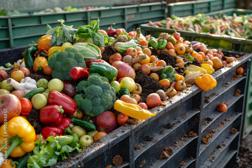 A rich collection of colorful vegetables at a market bin, signifying variety and availability of fresh garden produce