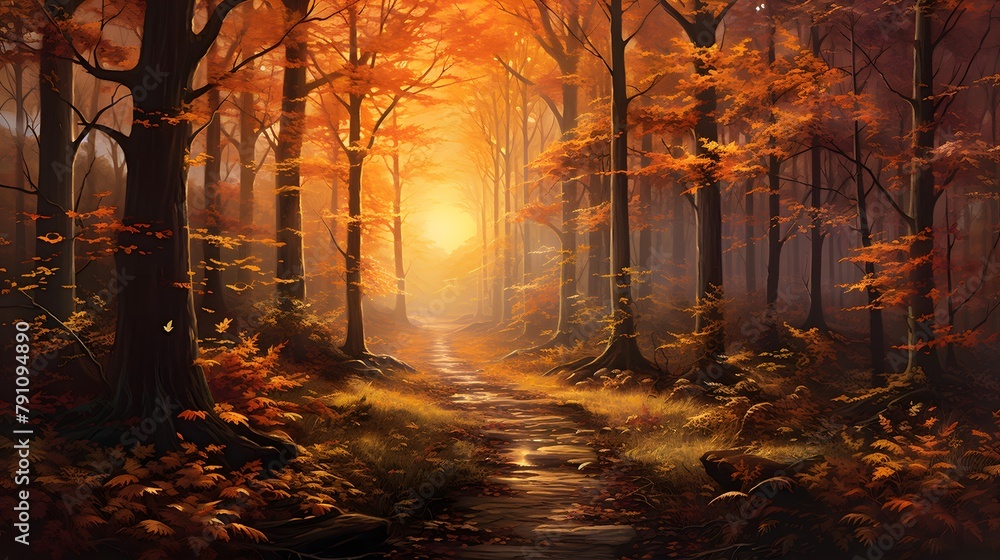 Autumn landscape with a path through the forest. Panoramic image.