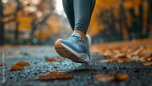 A person jogging in the city, wearing running shoes and focusing on their feet. Concept City Life, Jogging, Running Shoes, Active Lifestyle, Fitness Tracking
