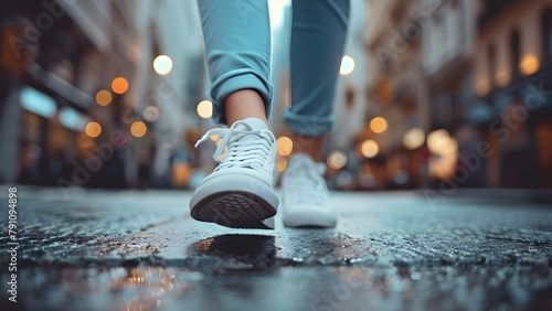 Capturing the Urban Active Lifestyle: Close-Up of Person's Feet Walking in the City. Concept Urban Lifestyle, Active Living, City Photography, Footwear Close-Up, Street Style