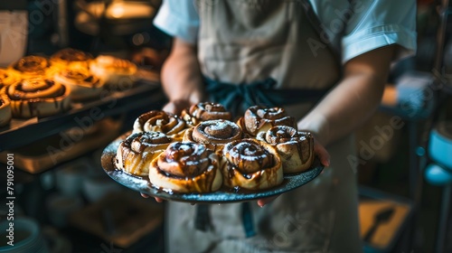 Person holding a tray of cinnamon rolls