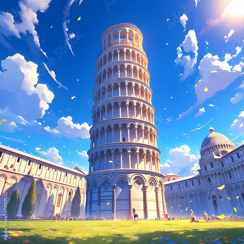 Majestic Daytime View of the Historic Leaning Tower with Fluttering Clouds and a Blue Sky photo
