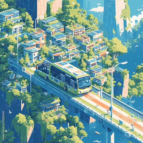 Colorful Eco-Friendly City Bus Crossing Over a Mountain Bridge with Trees and Houses