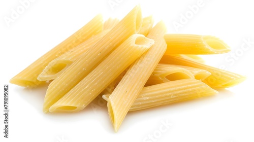 Penne rigate pasta isolated on white background. Raw photo