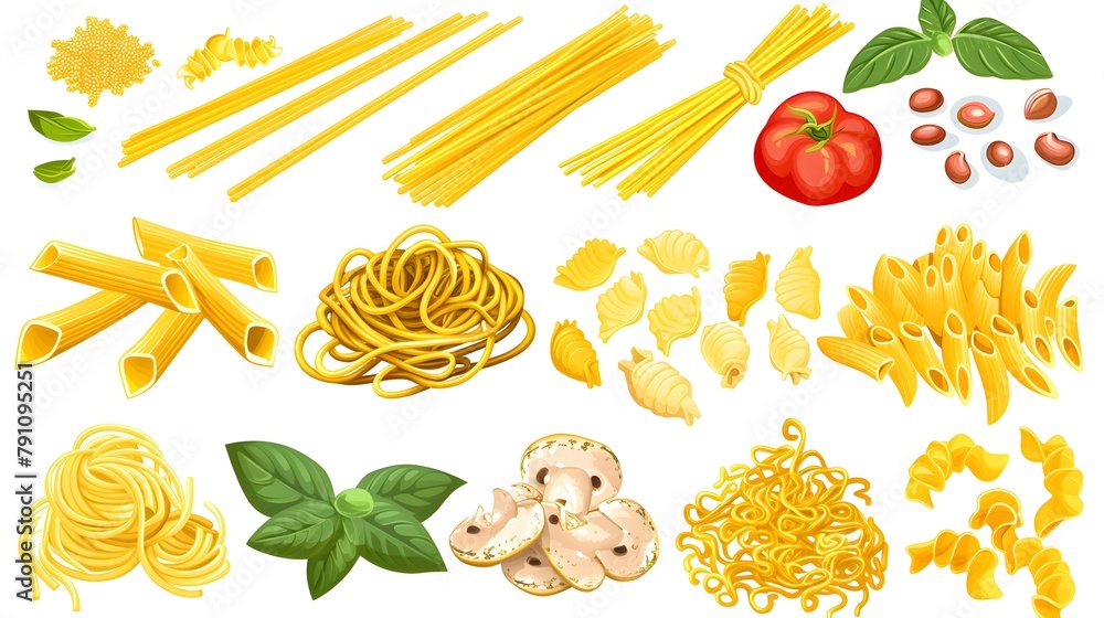 Pasta type italian noodle collection set cartoon illustration vector. Pasta type italian noodle set - obrazy, fototapety, plakaty 