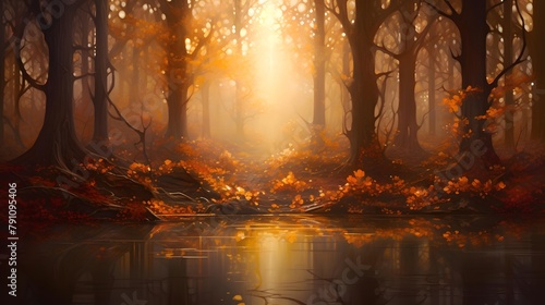 Autumn forest in misty morning. Panoramic image.
