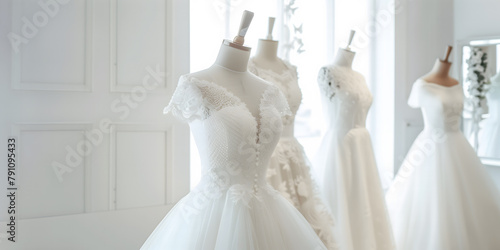 Luxury bridal shop interior with wedding dresses on mannequins