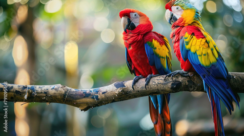 Two vibrant parrots with colorful plumage are perched on a tree branch, displaying their bright feathers under the sunlight © sommersby