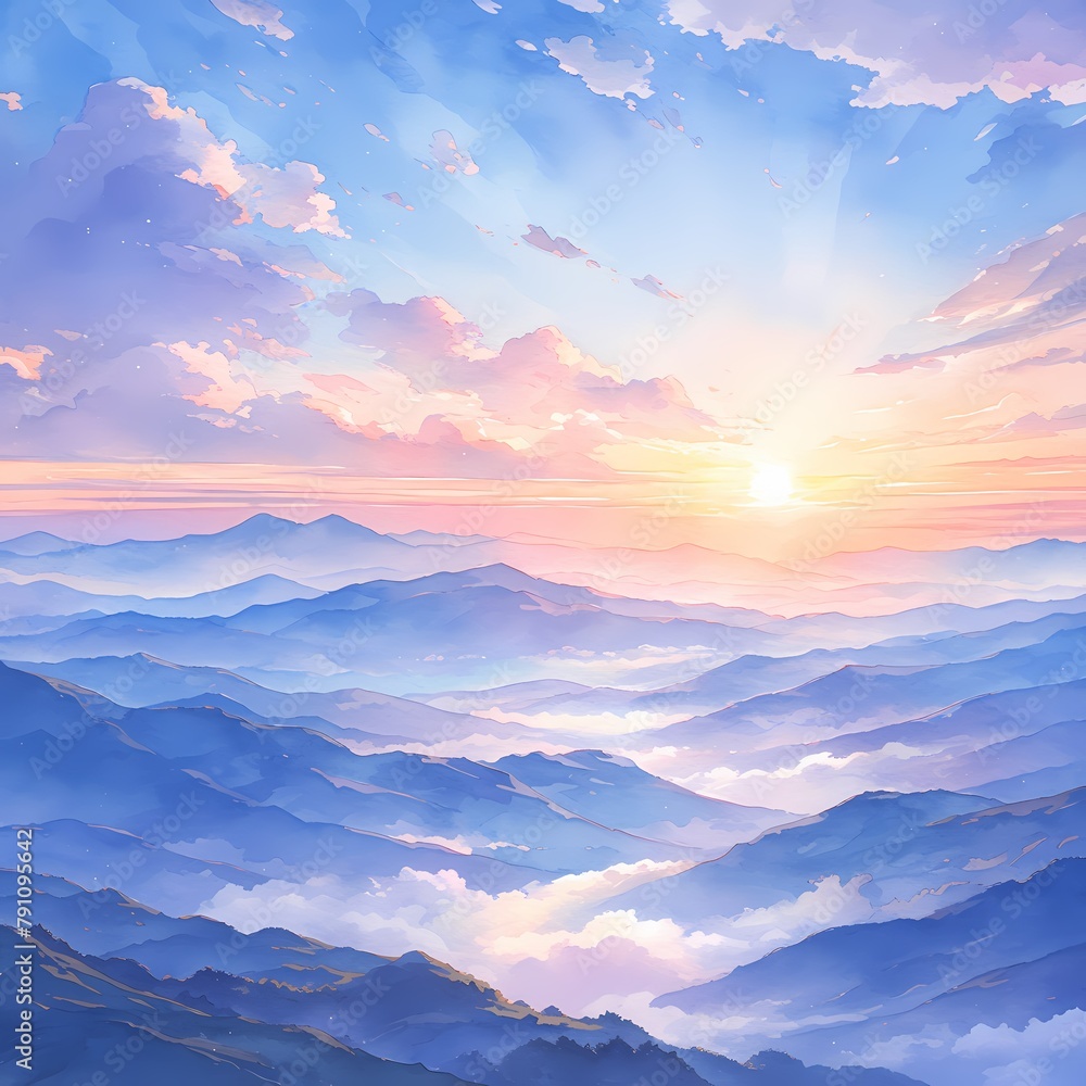 A breathtaking watercolor painting of a sunrise with soft clouds illuminating the landscape and valleys below.
