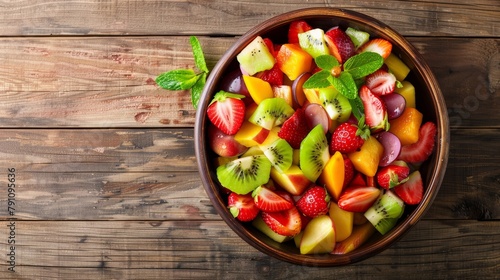Refreshing fruit salad in a bowl, shot from above