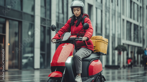 A courier using a foldable electric scooter for easy transport and storage. Quality, high level, reliability, team photo