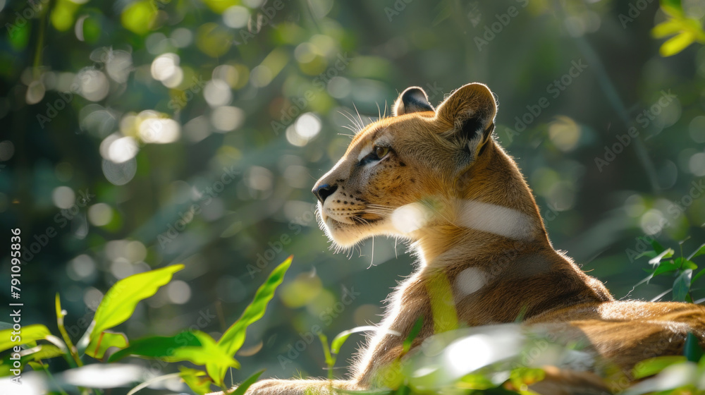 Fototapeta premium A young lion sits confidently in the middle of a dense forest, surrounded by green foliage and trees