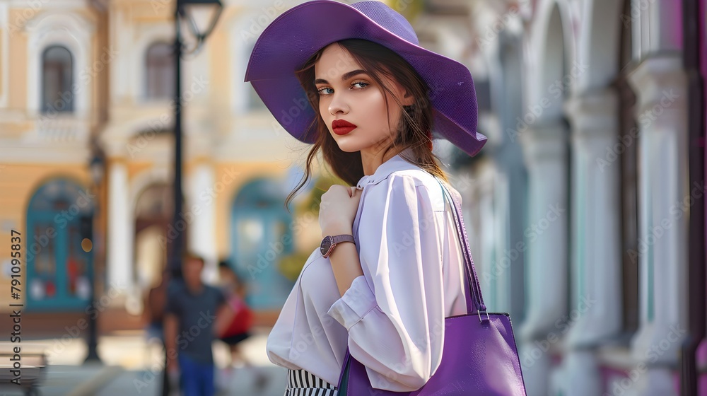 Outdoor portrait of young beautiful girl posing in street. Model wearing stylish hat, shirt, skirt, holding purple bag, handbag. City lifestyle. Female fashion concept. Copy, empty space for text Outdoor portrait of young beautiful girl posing in street. Model wearing stylish hat, shirt, skirt, holding purple bag, handbag. City lifestyle. Female fashion concept. Copy, empty space for text