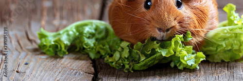A hamster is munching on a piece of lettuce placed on a wooden surface photo