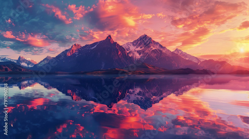 A beautiful mountain range with a pink and orange sky in the background