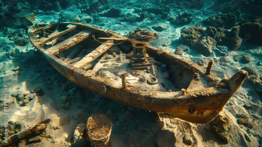An aged boat is grounded on a sandy seabed, surrounded by clear water and sunlight filtering through An aged boat is grounded on a sandy seabed, surrounded by clear water and sunlight filtering through