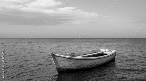 A small boat peacefully floats on the vast expanse of water beneath a clear sky