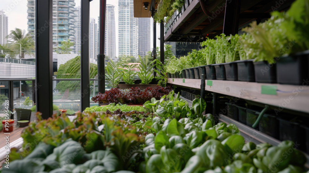 A row of shelves holds numerous green plants, creating a lush and vibrant display in a botanical garden or plant nursery A row of shelves holds numerous green plants, creating a lush and vibrant display in a botanical garden or plant nursery