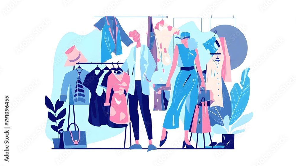 Main master designer creating fashion clothes designs and hanging it on coat rack. Fashion house, clothing design house, fashion production concept. Pinkish coral bluevector isolated illustration