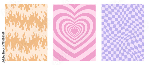 Vector set. Contemporary compositions with fire, heart, checkboard. Abstract y2k posters. Wall decor.